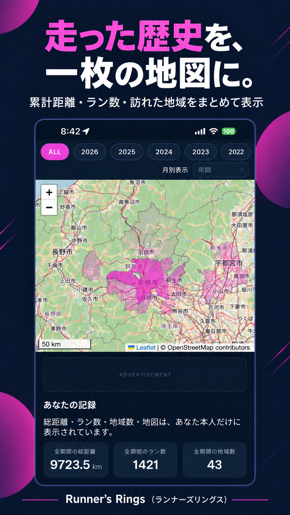 累計距離、ラン数、訪れた地域と走行ルートを表示したRunner's Ringsの画面